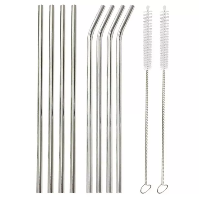10 Pcs Stainless Steel Straws with 2 Cleaner Brushes (4 Straight & 4 Bent)