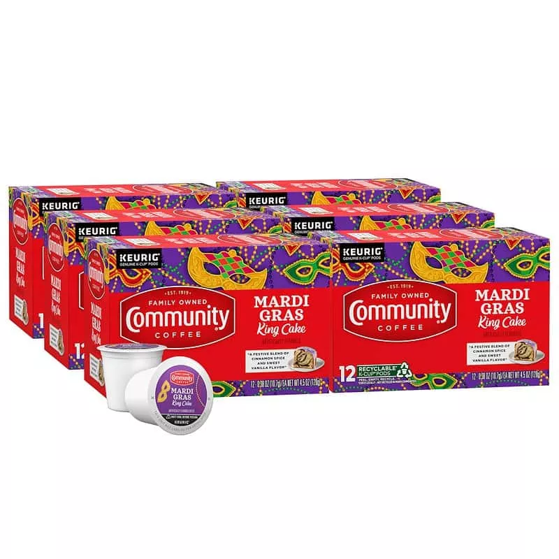 Community Coffee Mardi Gras King Cake Flavored 72 Count Coffee Pods, Medium Roast (12 Count, Pack of 6)