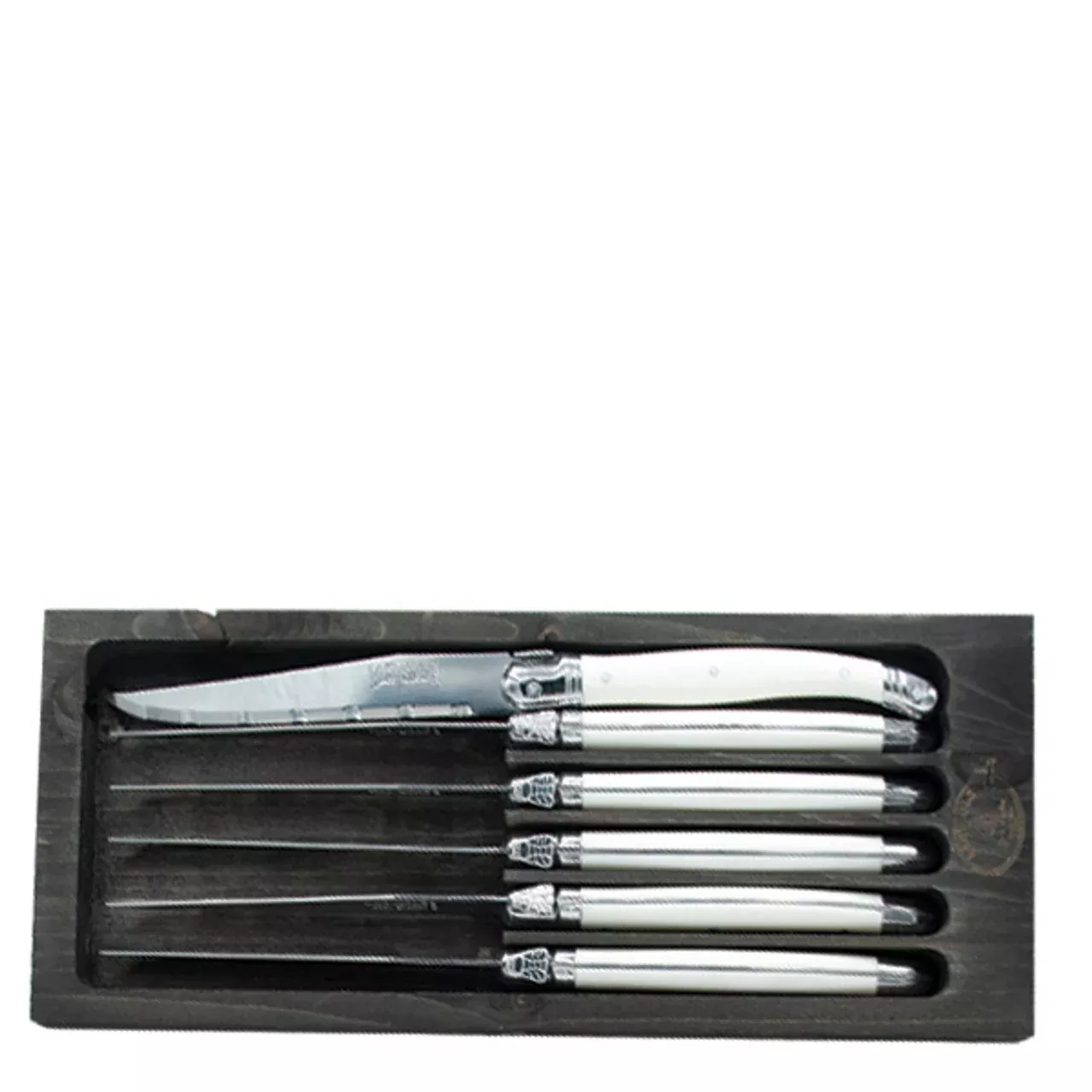 Laguiole Set of 6 Steak Knives with White Handles in Black Tray